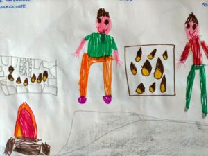 disegno con due bambini che mangiano le castagne e il fuoco